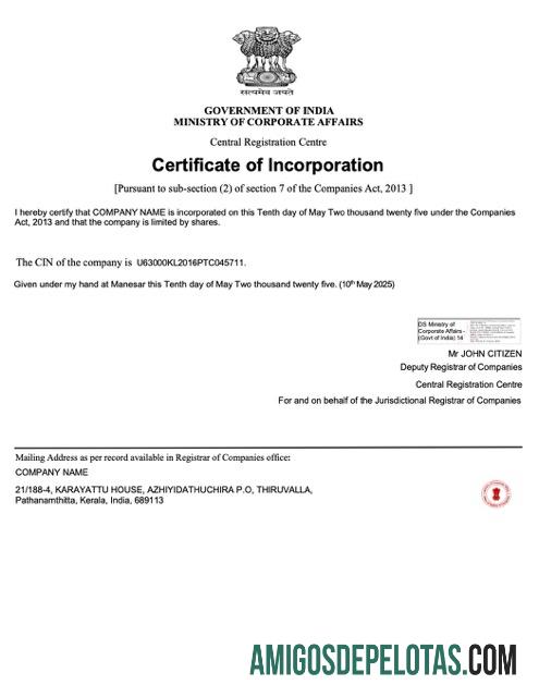 Certificado de Incorporação da Índia para impressão, modelo Word e PDF, Versão 3